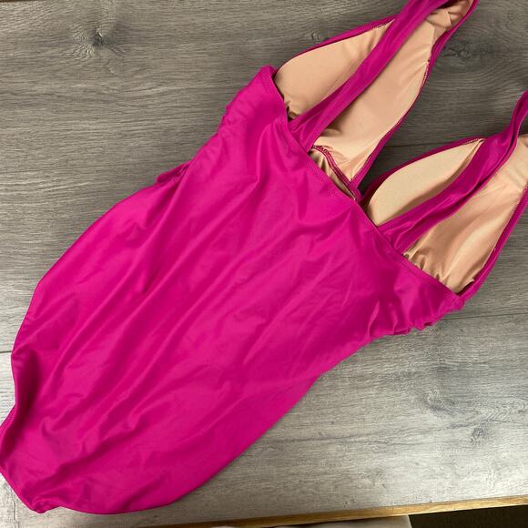 J.Crew Magenta Orchid Ruched V Neck One Piece Swimsuit Sz.12 NWT - Picture 9 of 11